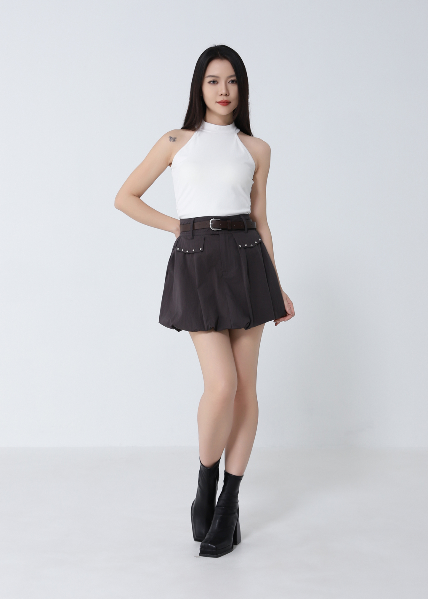 Studded Pocket Bubble Skort with Belt DJ308