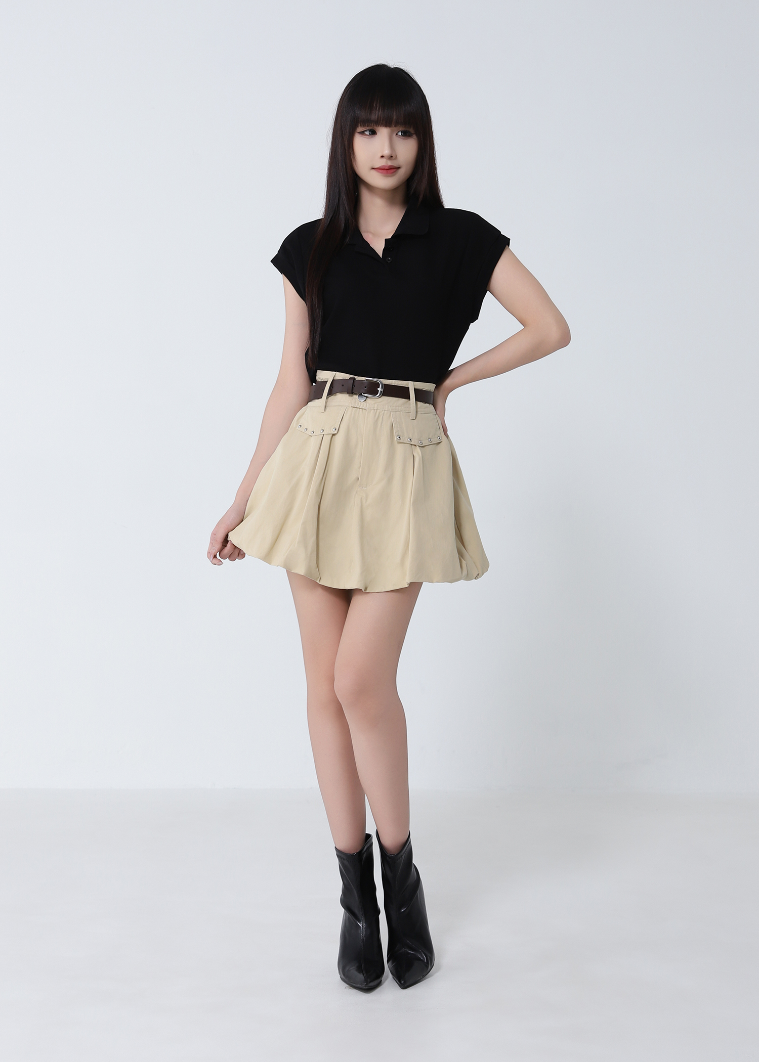 Studded Pocket Bubble Skort with Belt DJ308