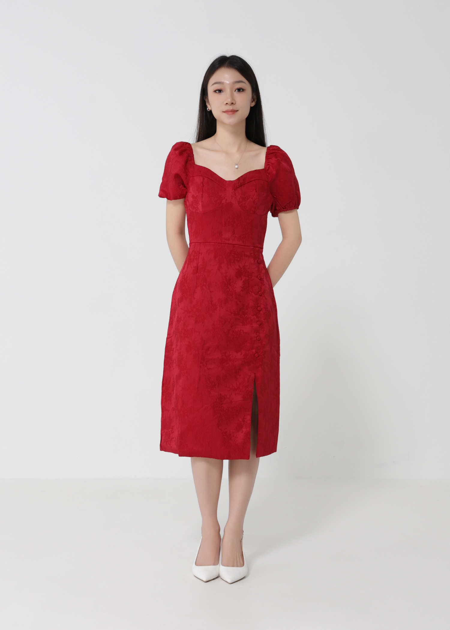 Puff Sleeve Back Zip Front Decorative Button Dress 30816