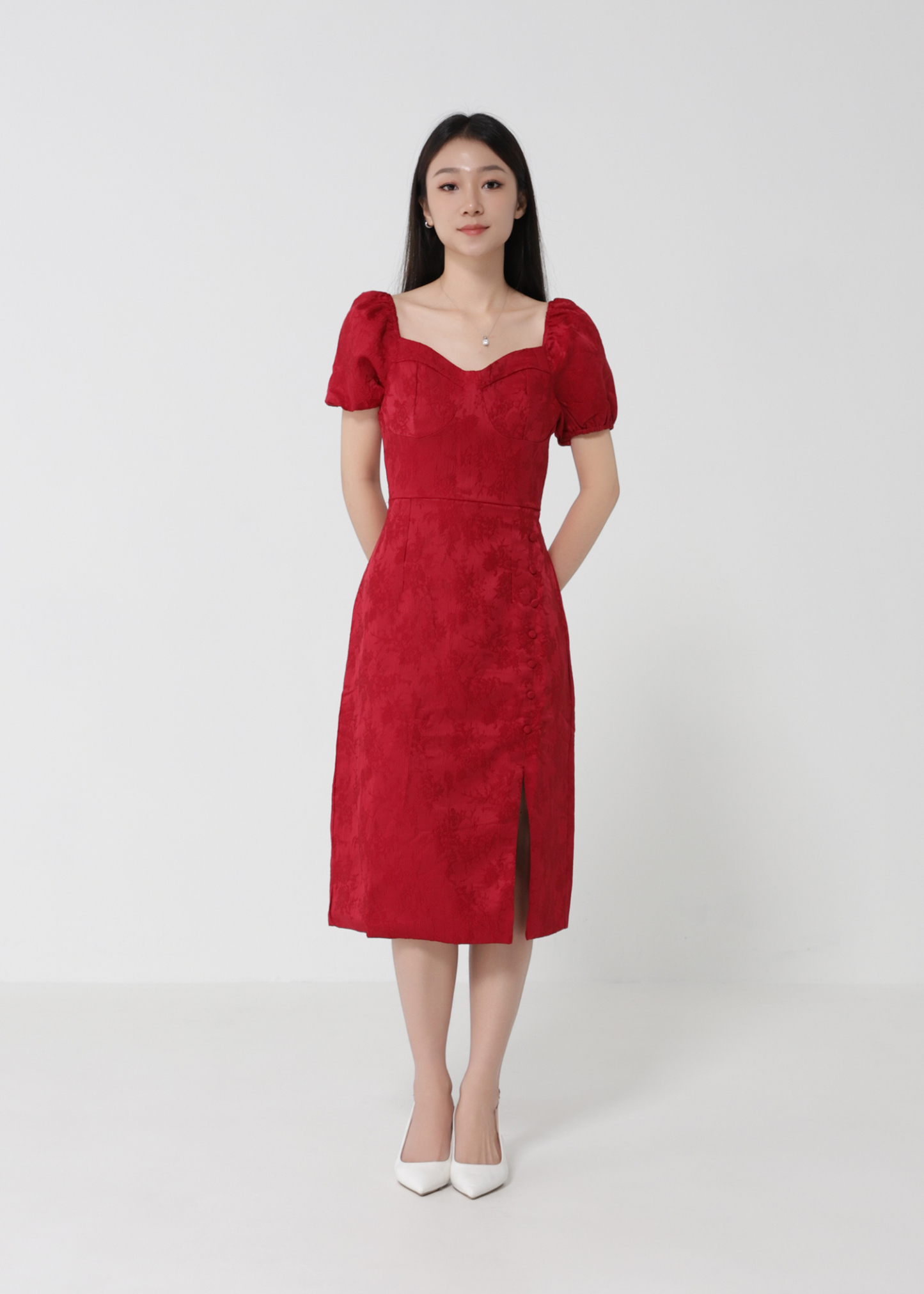 Puff Sleeve Back Zip Front Decorative Button Dress 30816