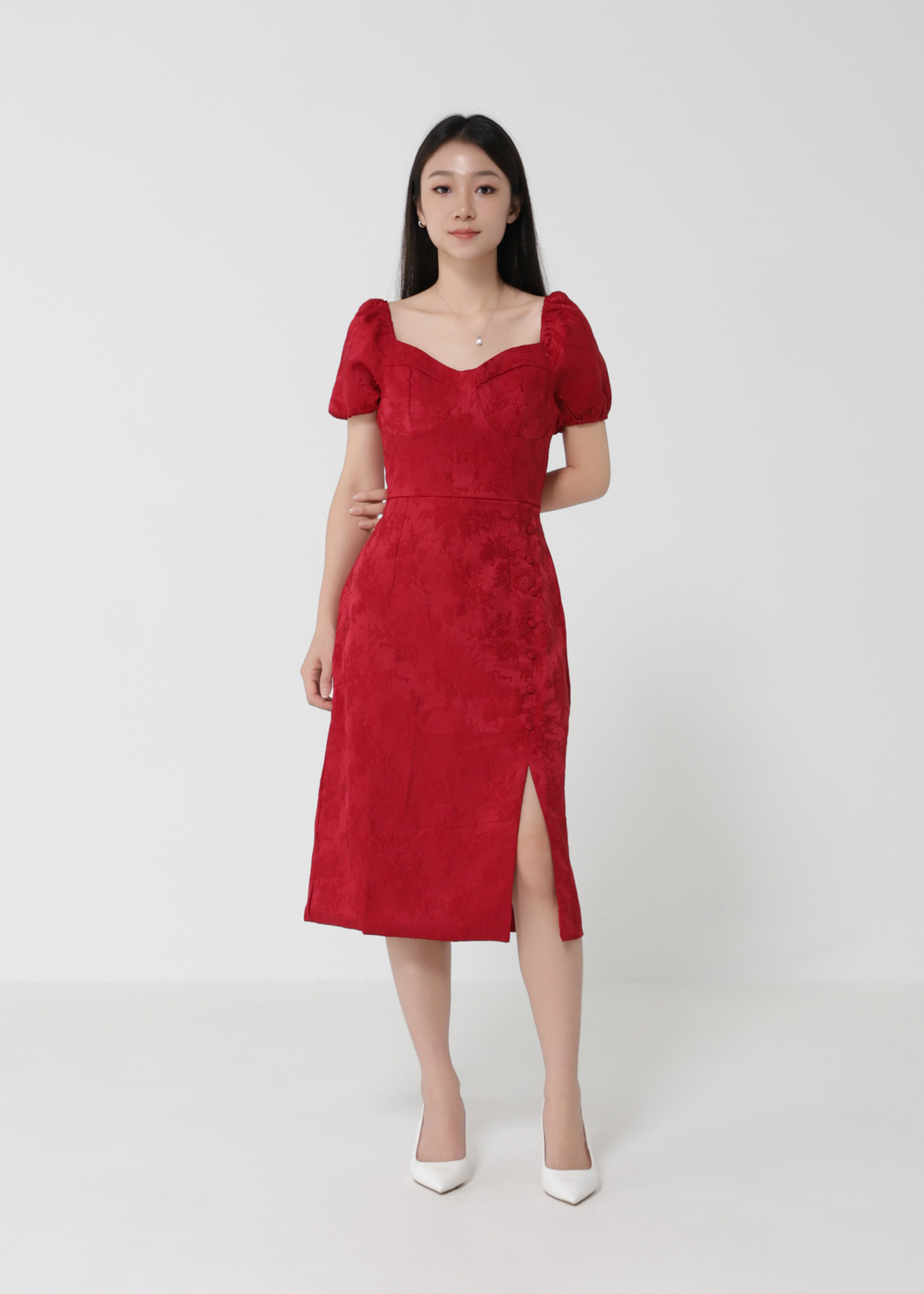 Puff Sleeve Back Zip Front Decorative Button Dress 30816