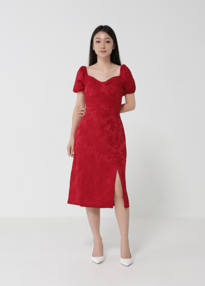Puff Sleeve Back Zip Front Decorative Button Dress 30816