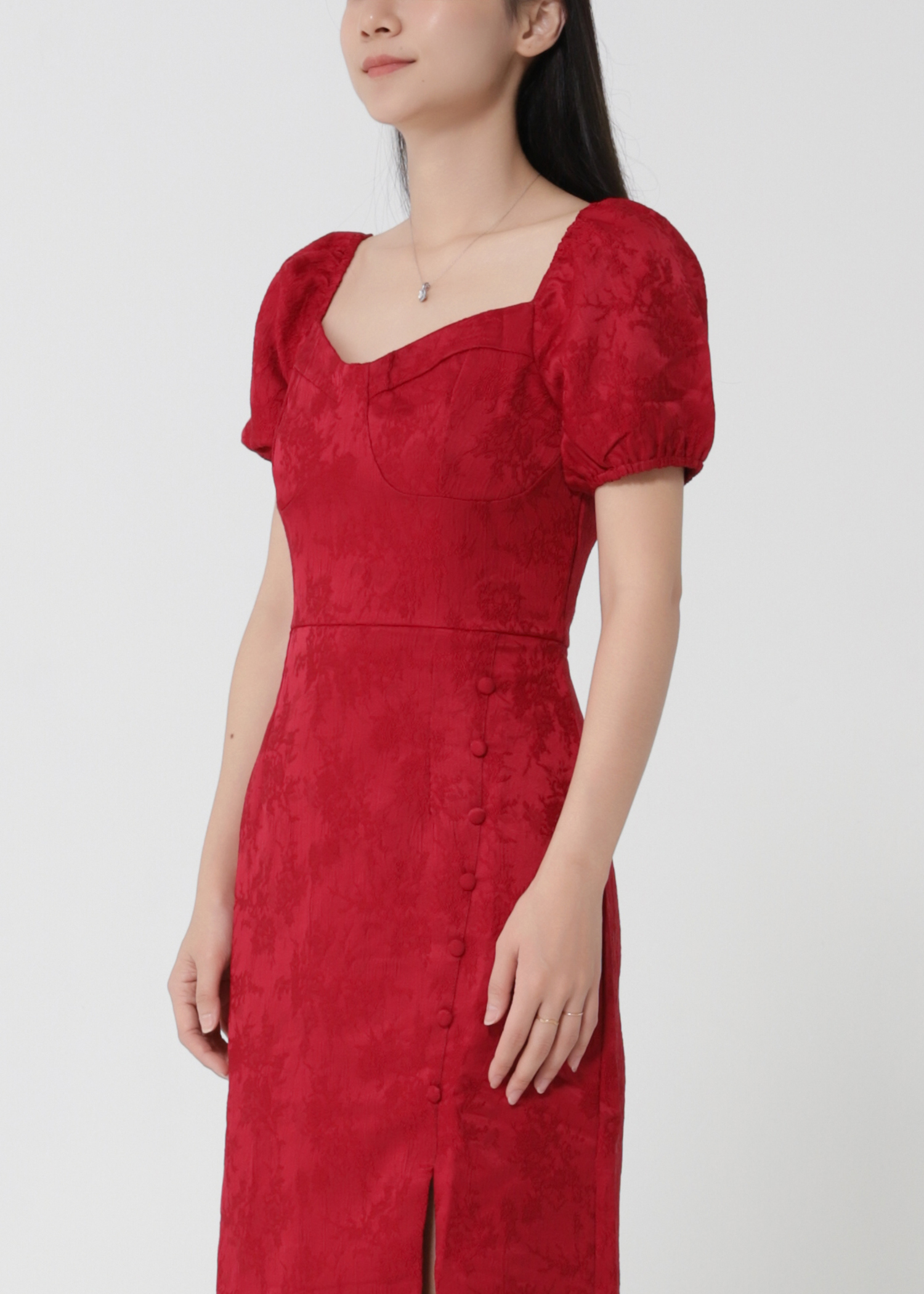 Puff Sleeve Back Zip Front Decorative Button Dress 30816