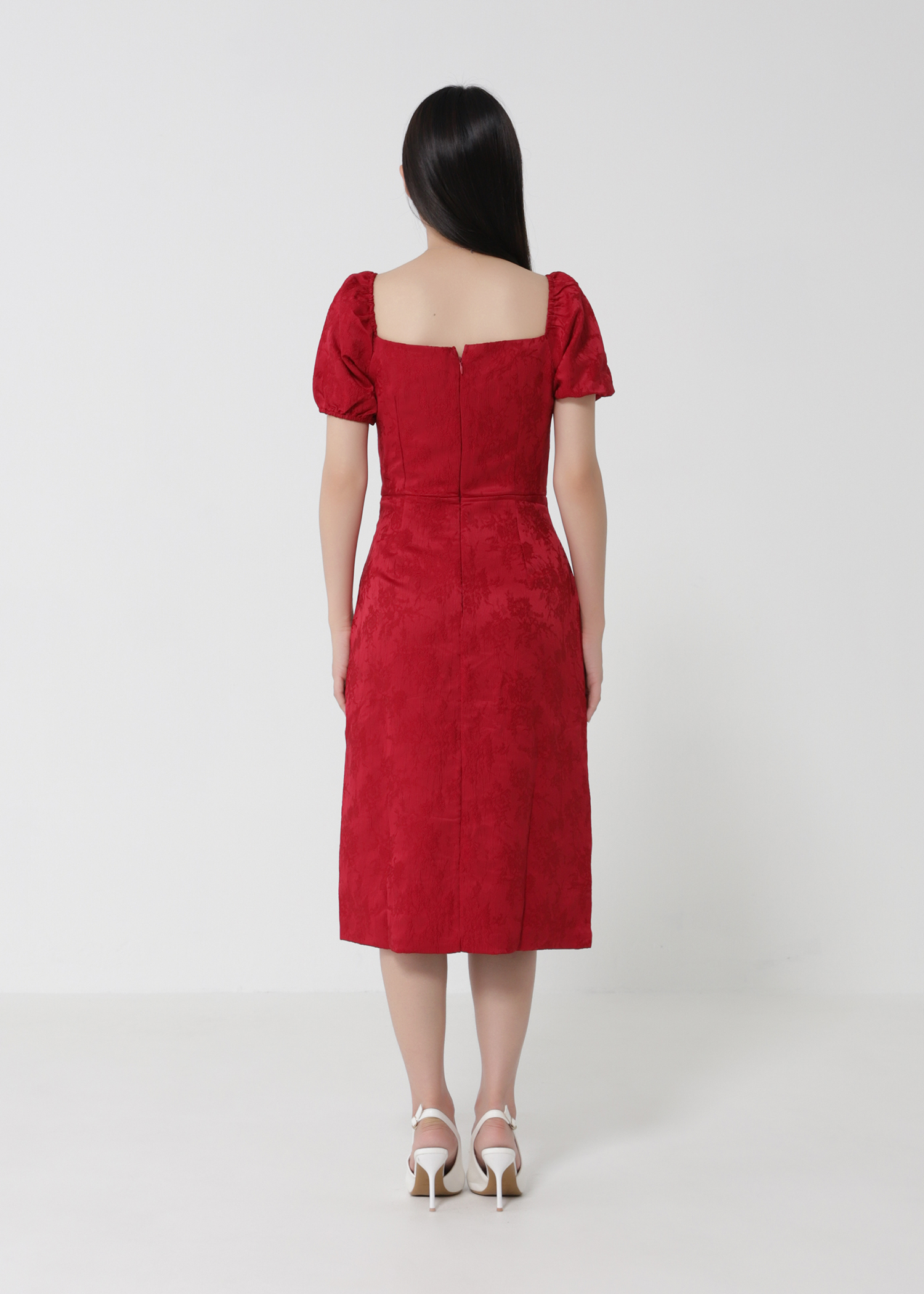 Puff Sleeve Back Zip Front Decorative Button Dress 30816