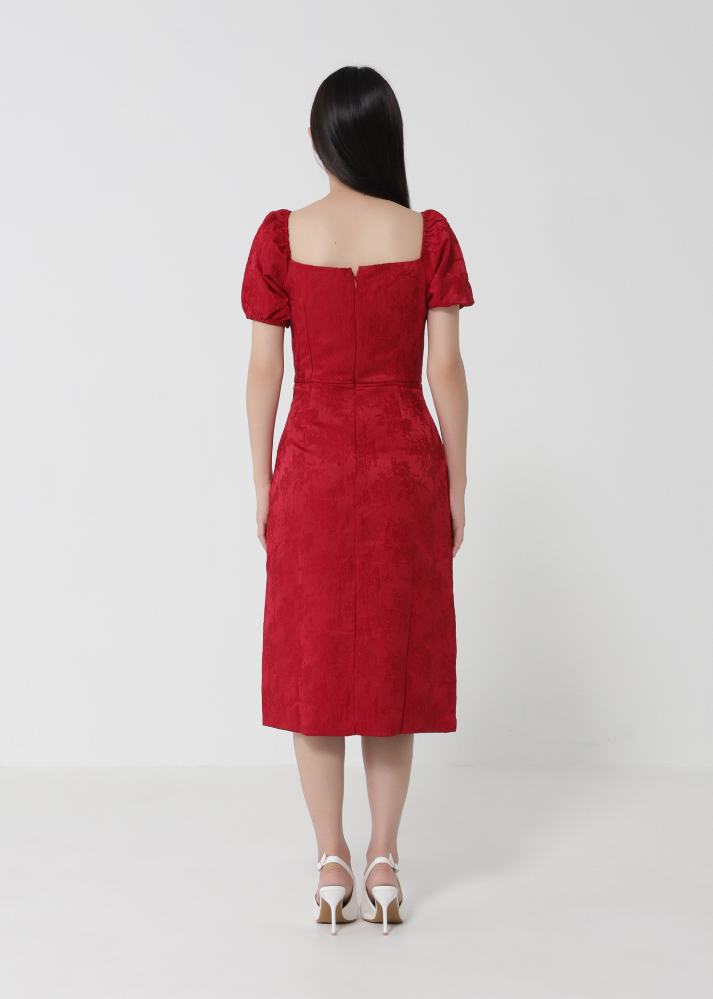 Puff Sleeve Back Zip Front Decorative Button Dress 30816