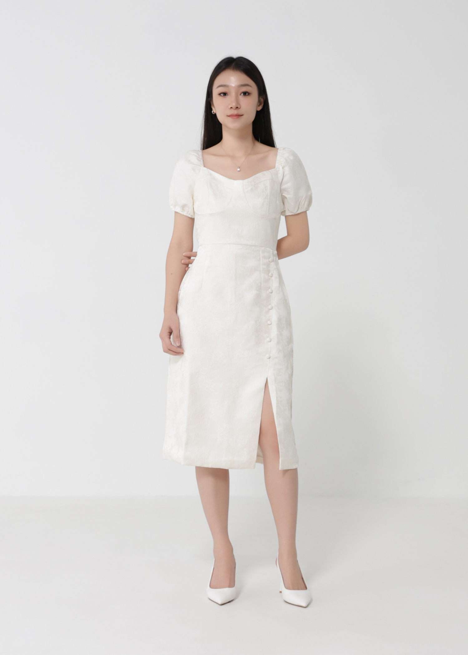 Puff Sleeve Back Zip Front Decorative Button Dress 30816