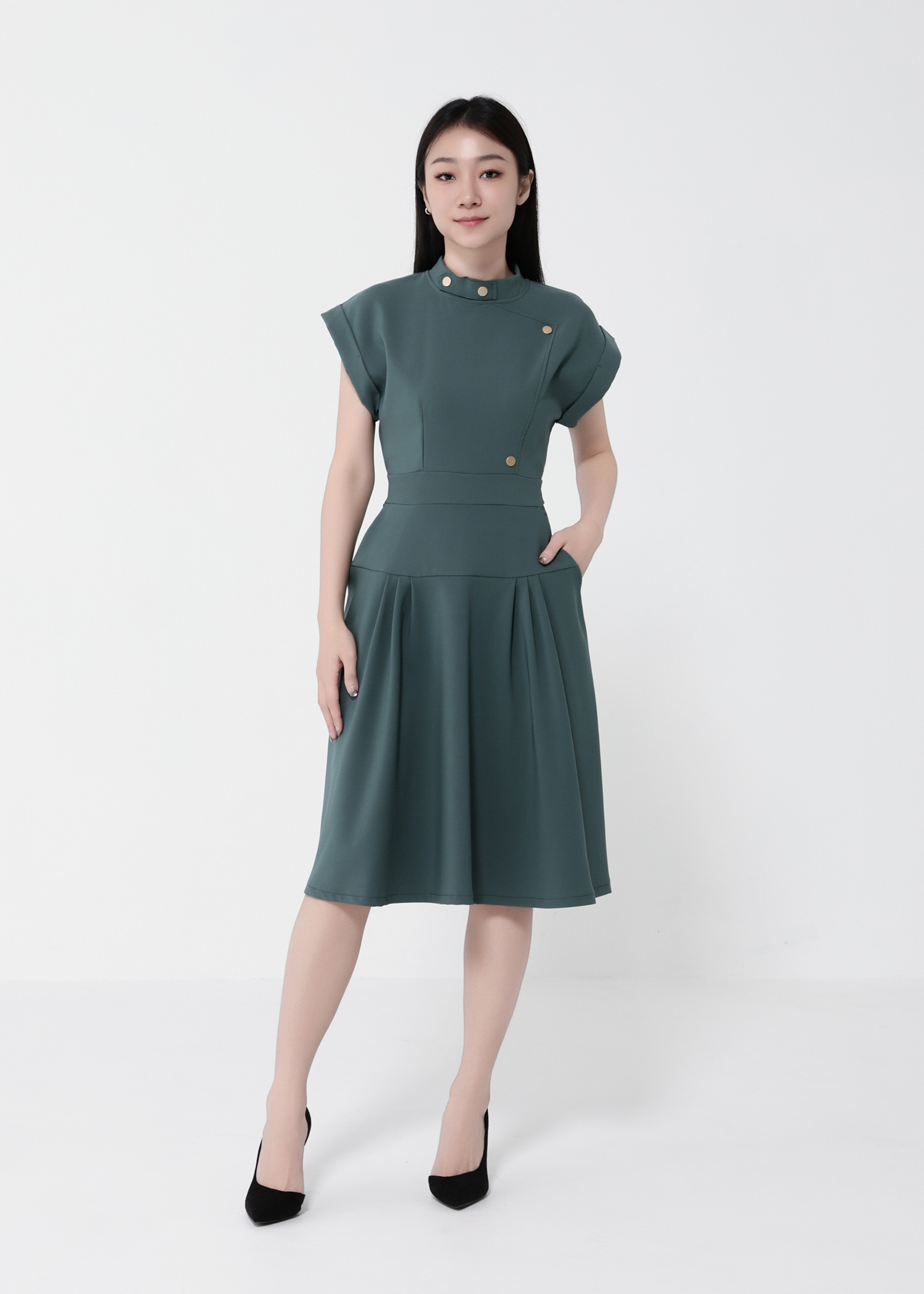 Sleeveless Side Pocket Pleated Dress 40661