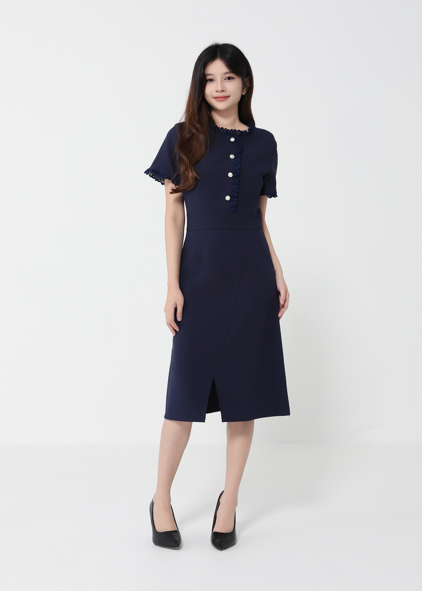 Short Sleeve Front Decorative Button Dress 40988