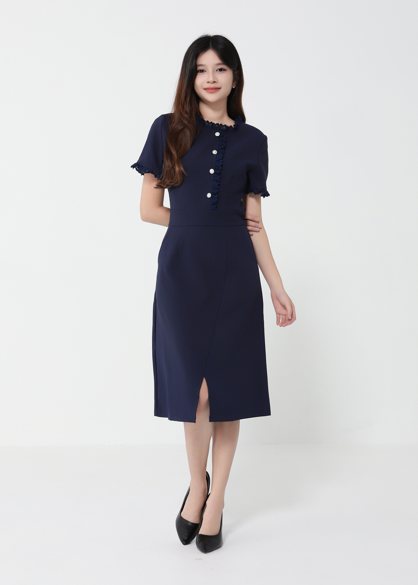 Short Sleeve Front Decorative Button Dress 40988