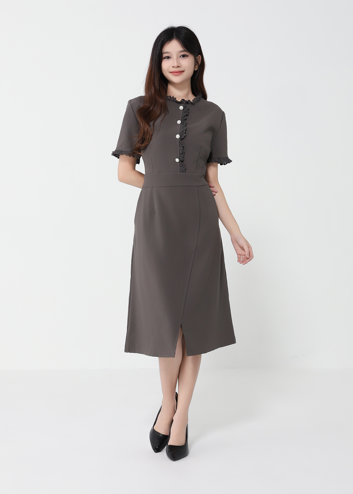 Short Sleeve Front Decorative Button Dress 40988