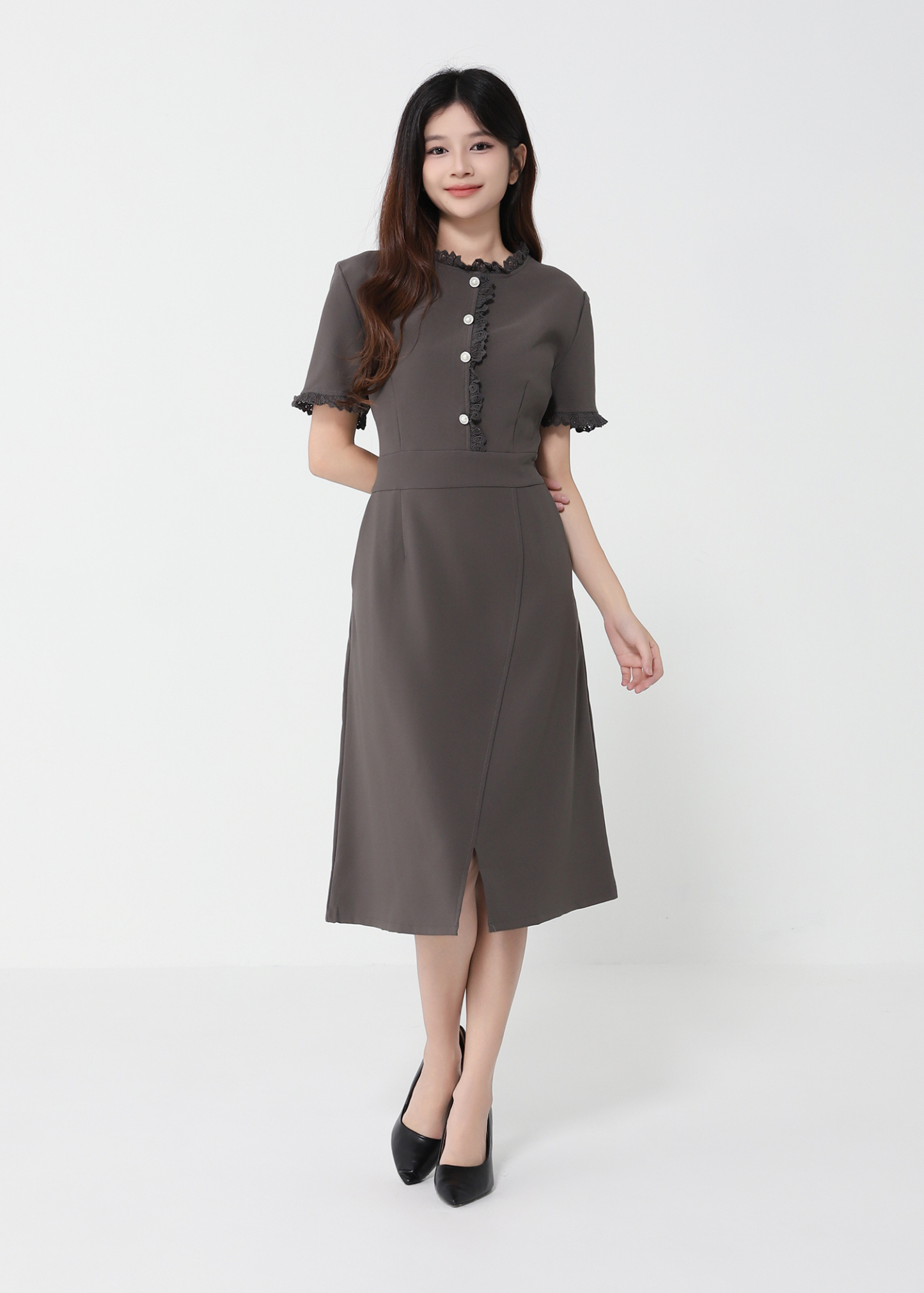 Short Sleeve Front Decorative Button Dress 40988