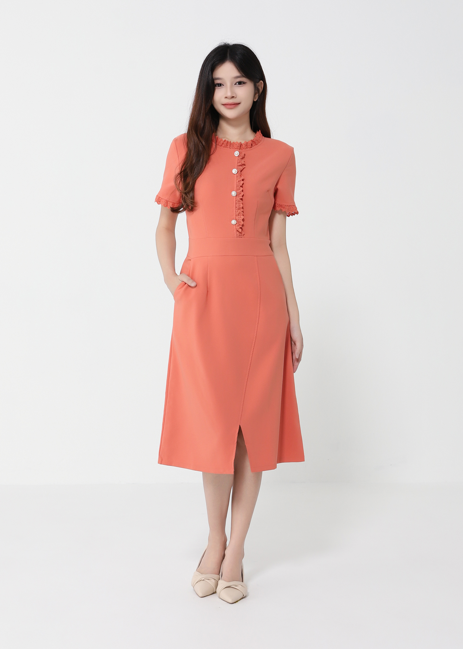 Short Sleeve Front Decorative Button Dress 40988