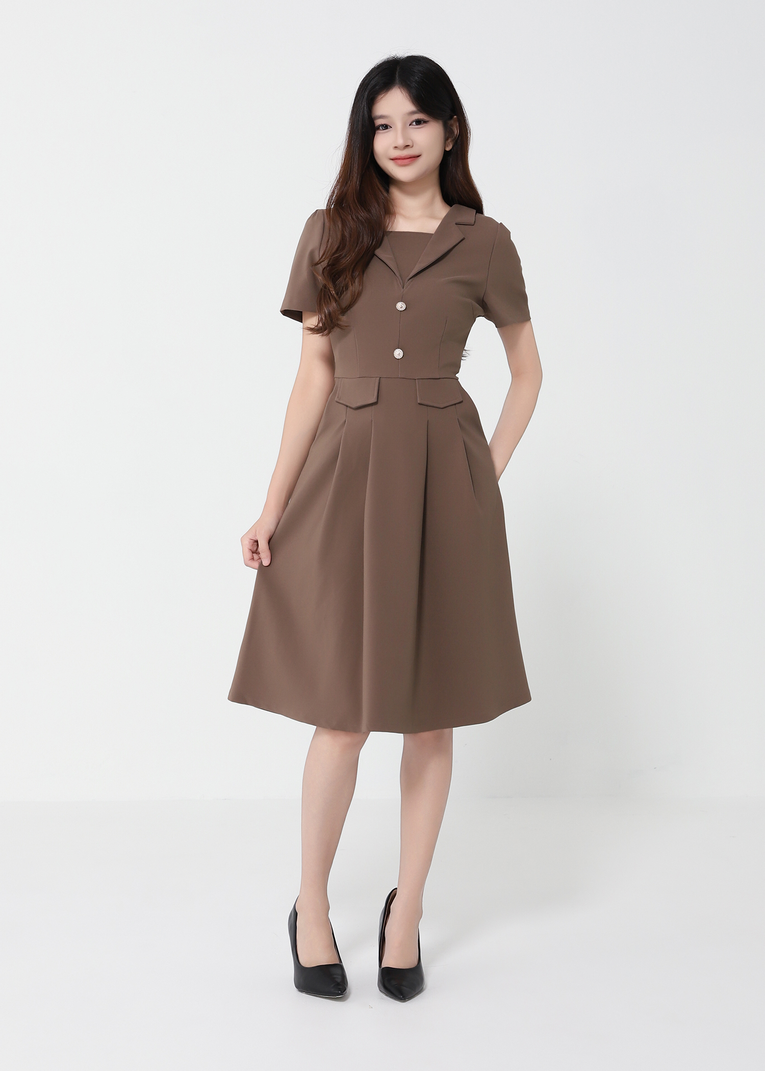 Short Sleeve Back Zip Pleated Dress 41751