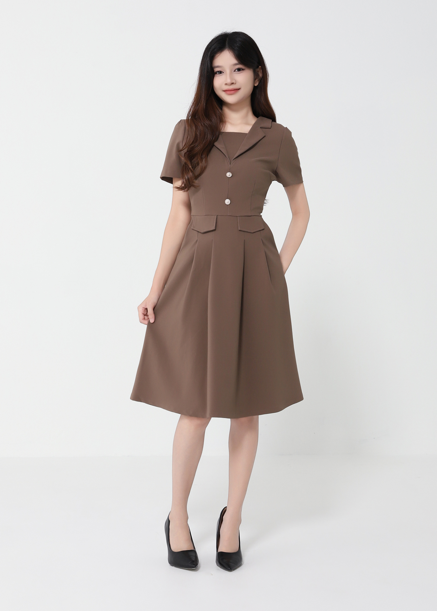 Short Sleeve Back Zip Pleated Dress 41751