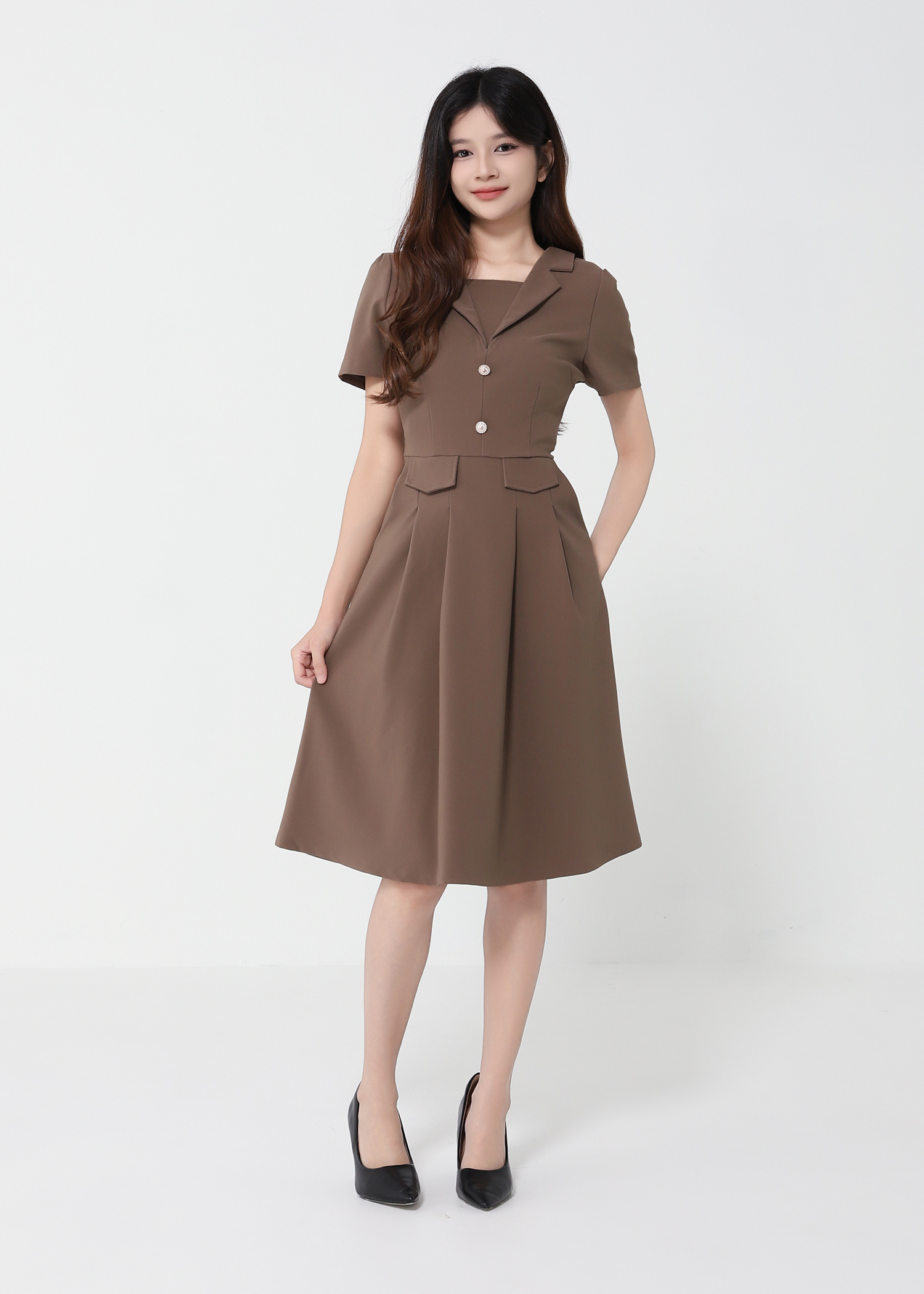 Short Sleeve Back Zip Pleated Dress 41751