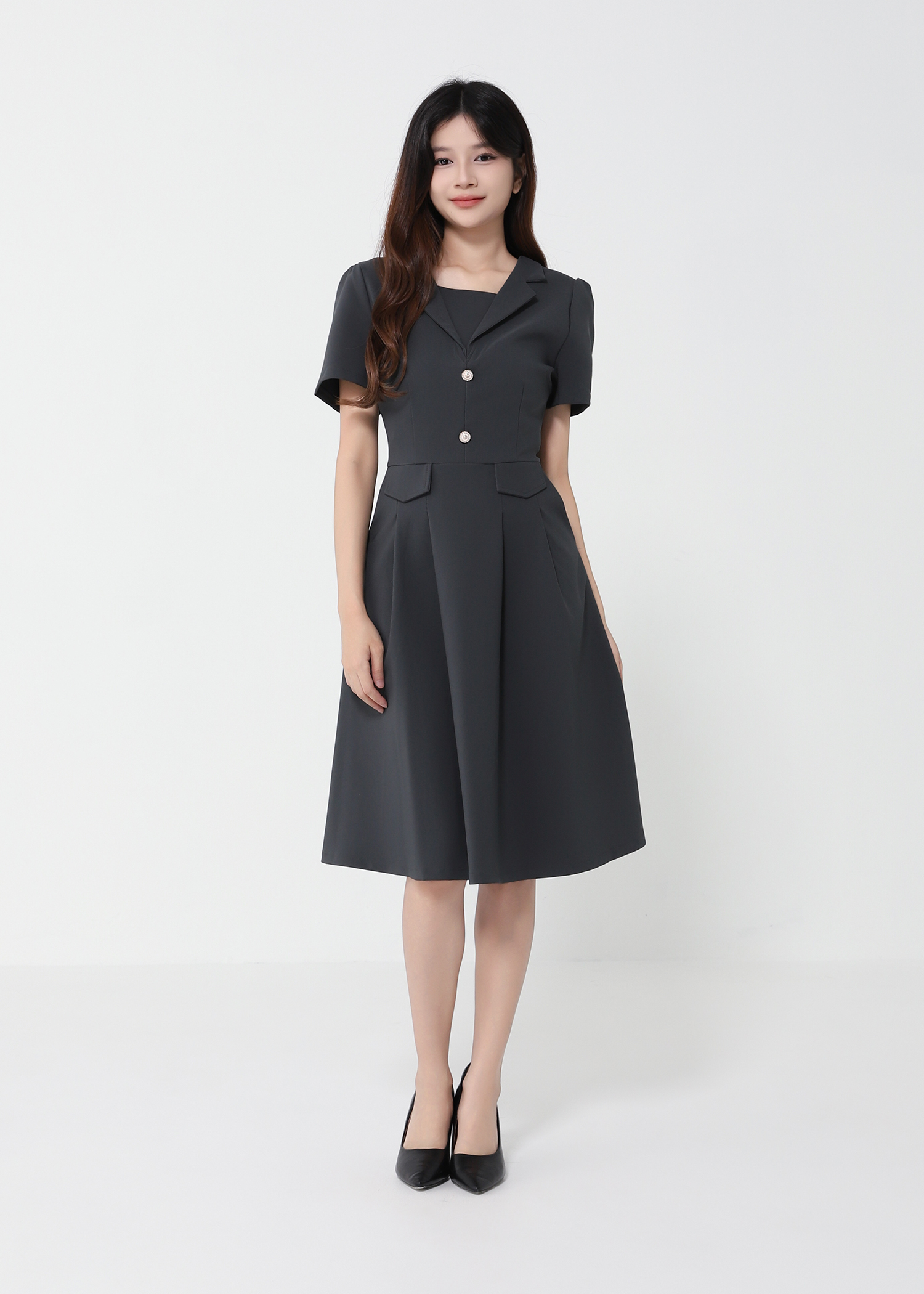 Short Sleeve Back Zip Pleated Dress 41751