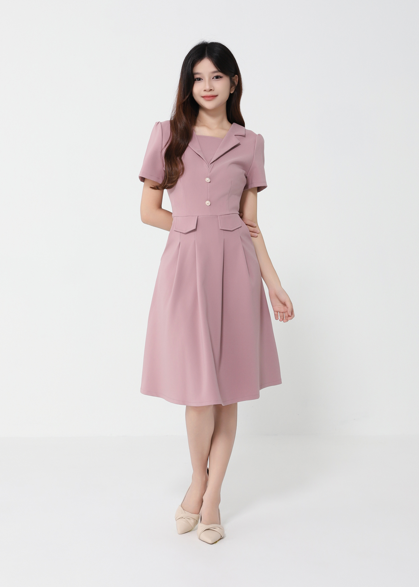 Short Sleeve Back Zip Pleated Dress 41751