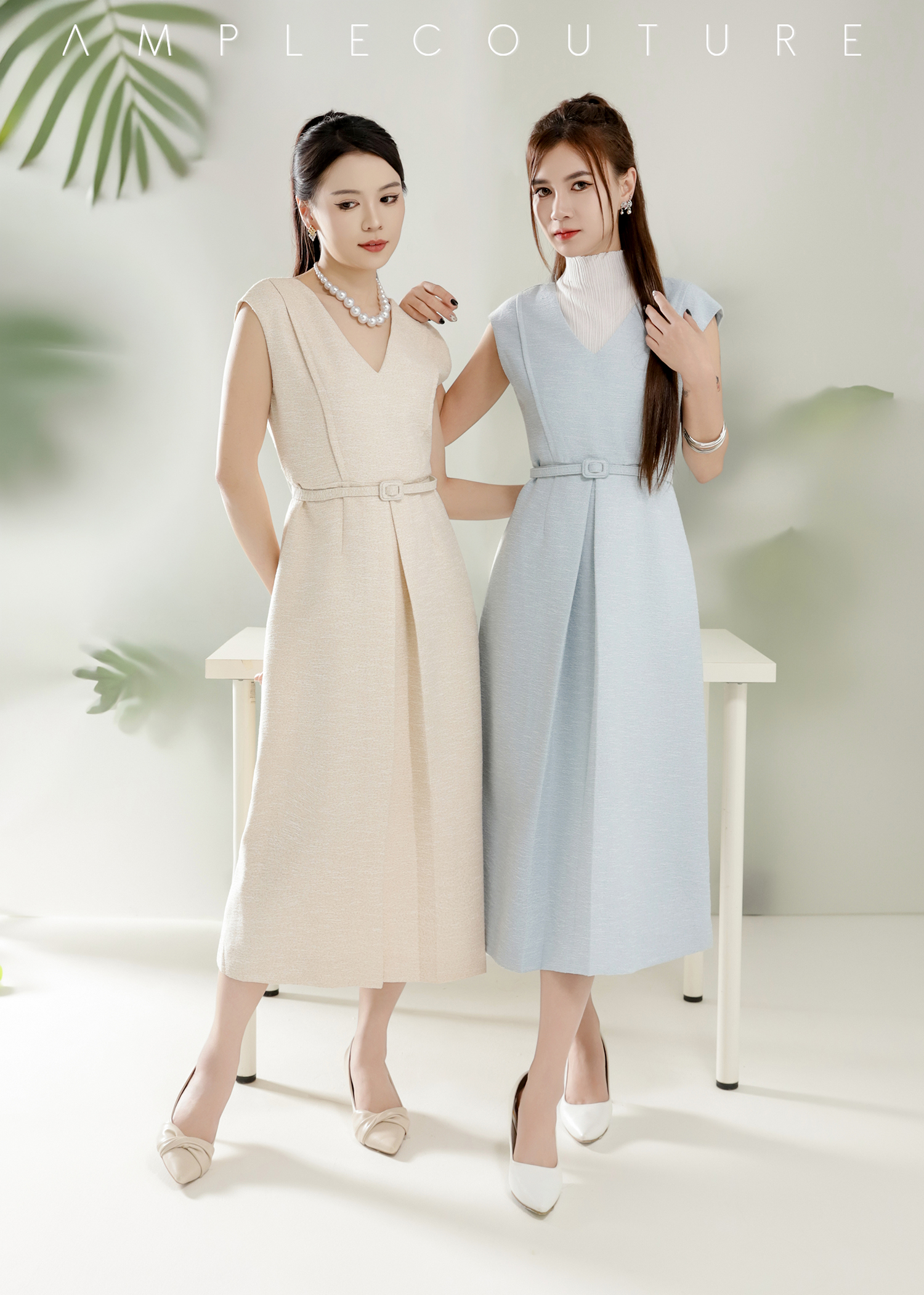 V Neck Sleeveless With Belt Dress 49714