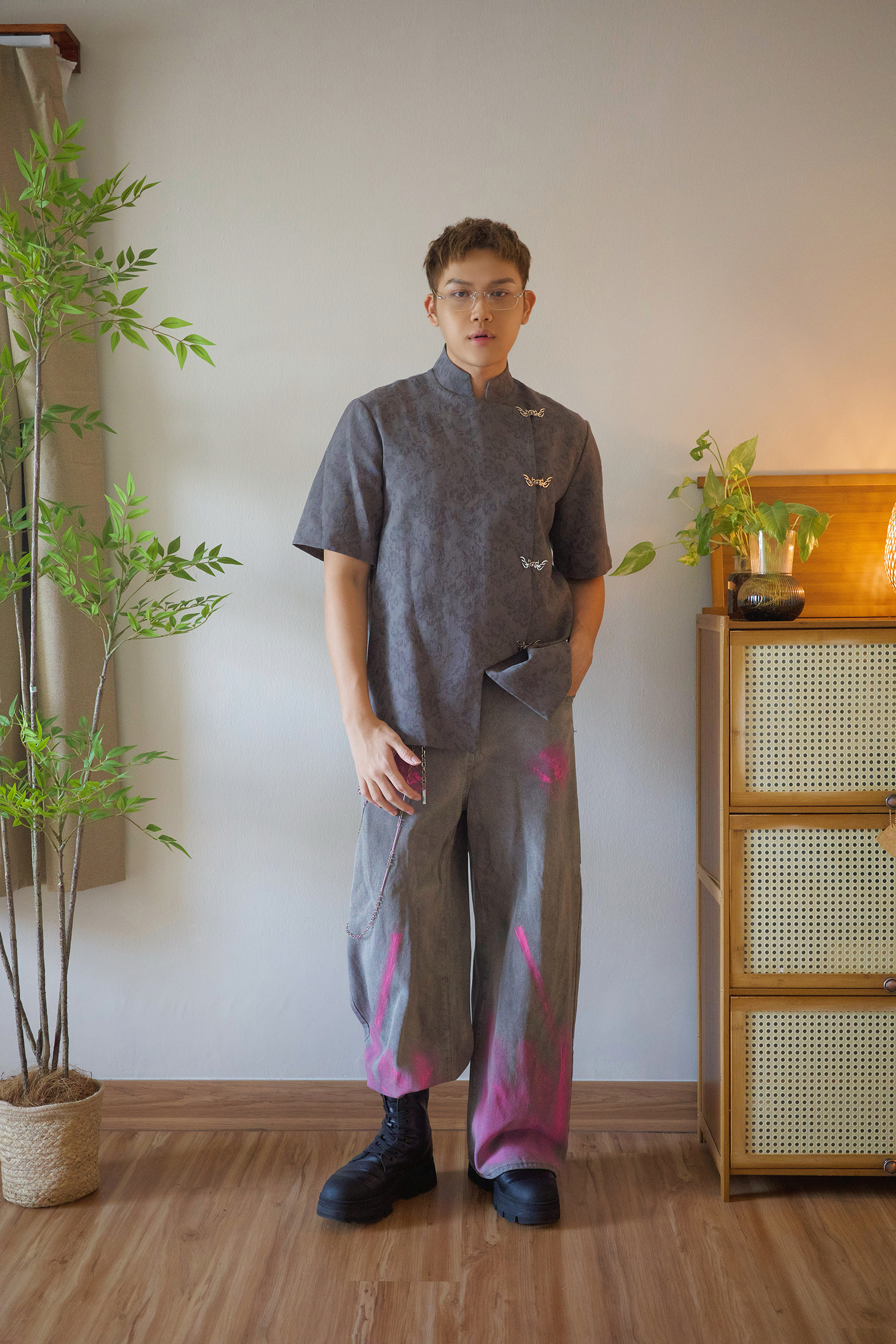 Embossed Jacquard Mandarin Shirt - Men Adult AC169