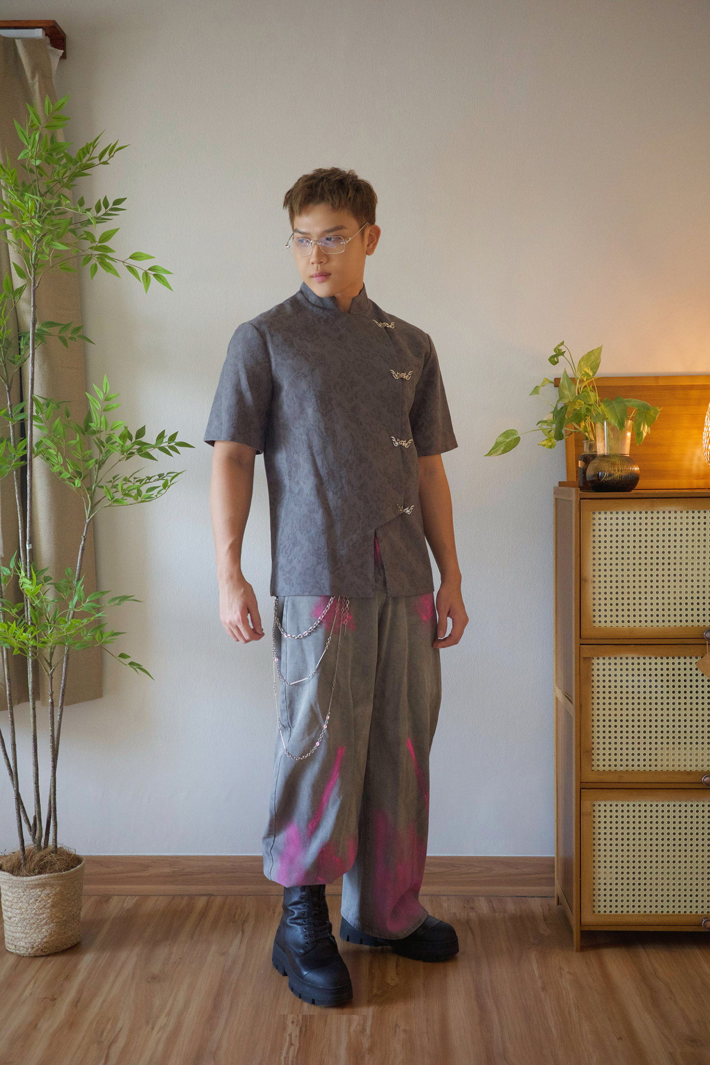 Embossed Jacquard Mandarin Shirt - Men Adult AC169