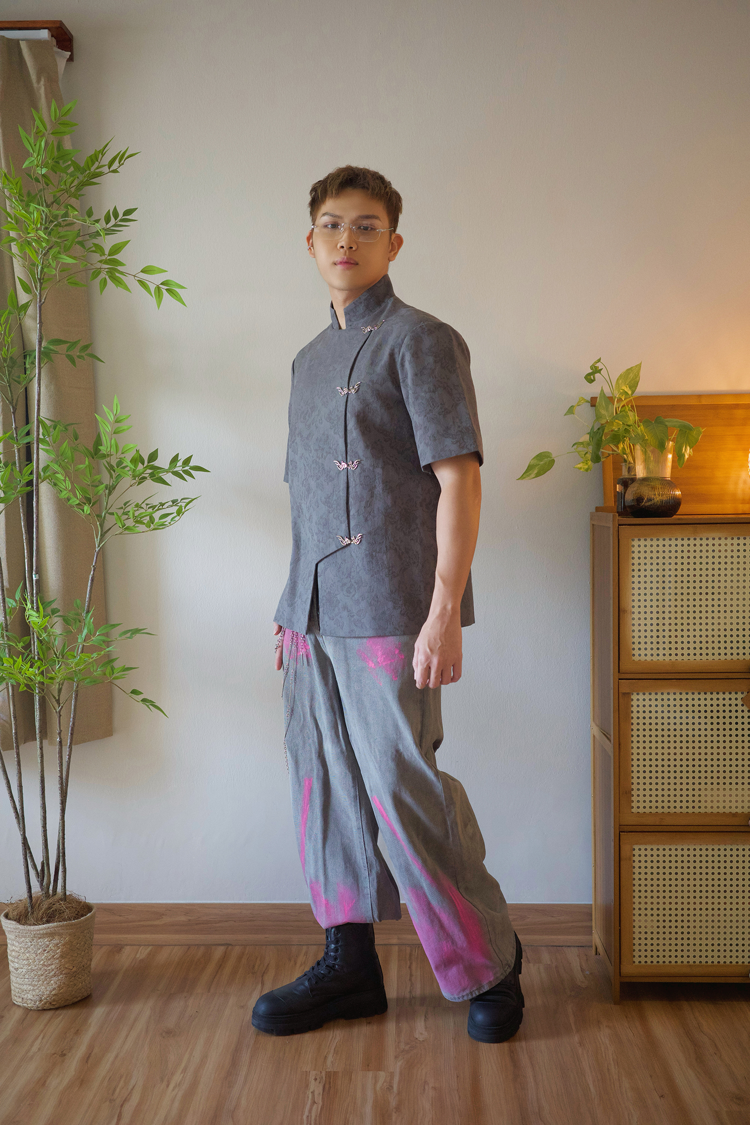 Embossed Jacquard Mandarin Shirt - Men Adult AC169