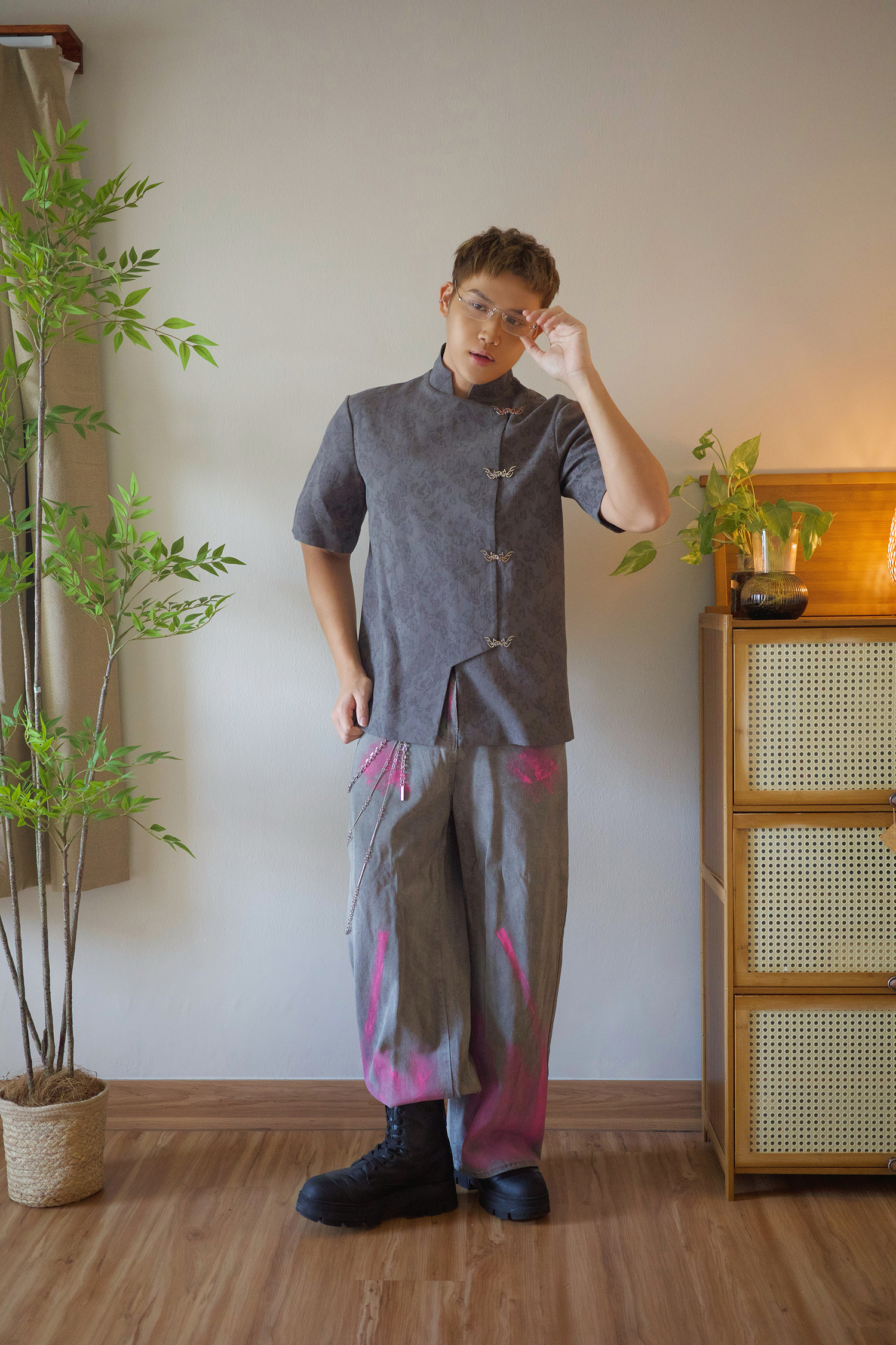 Embossed Jacquard Mandarin Shirt - Men Adult AC169