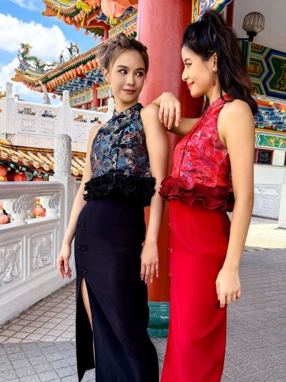 Halter Neck Top With Front Split Long Skirt Set AC633