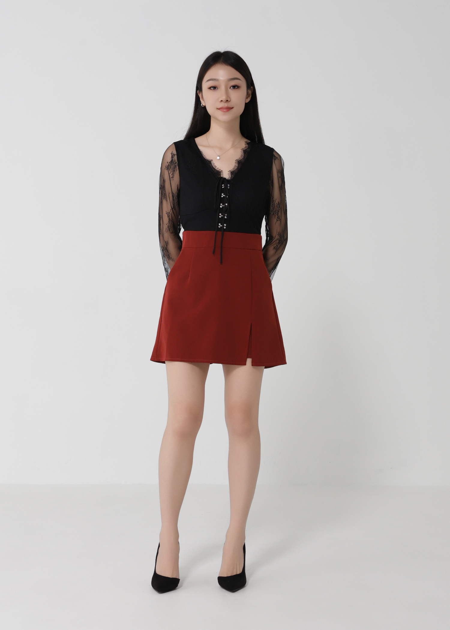 Lace Front Tie Up With Decorative Button Jumpsuit 27880