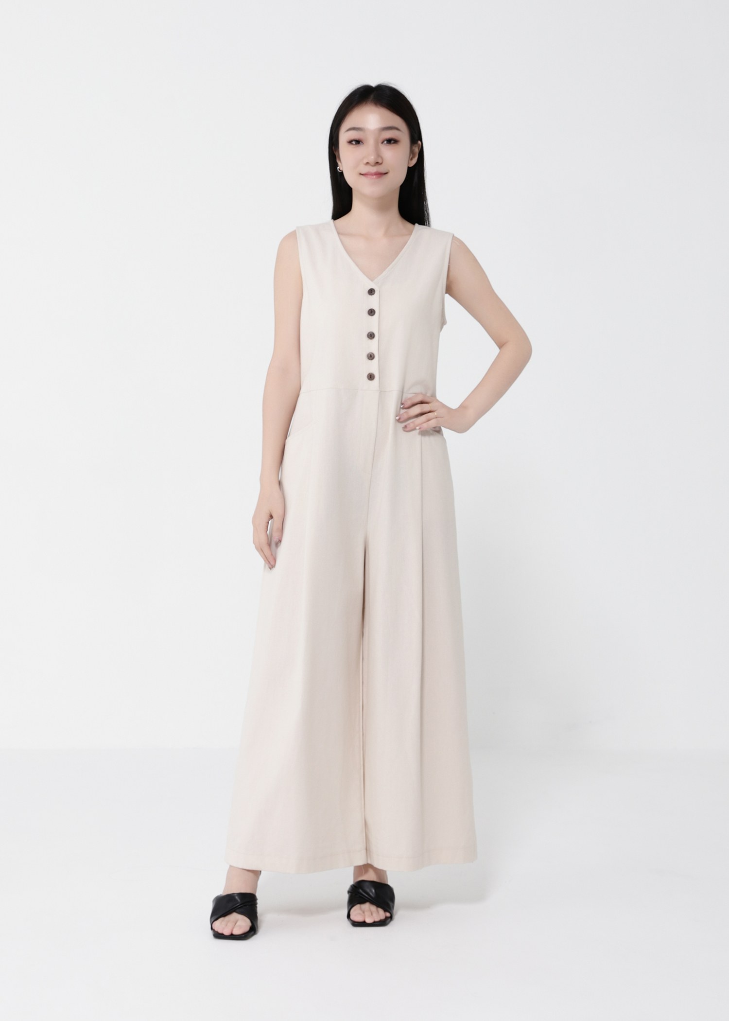Sleeveless Front Button V Neck Jumpsuit 40435