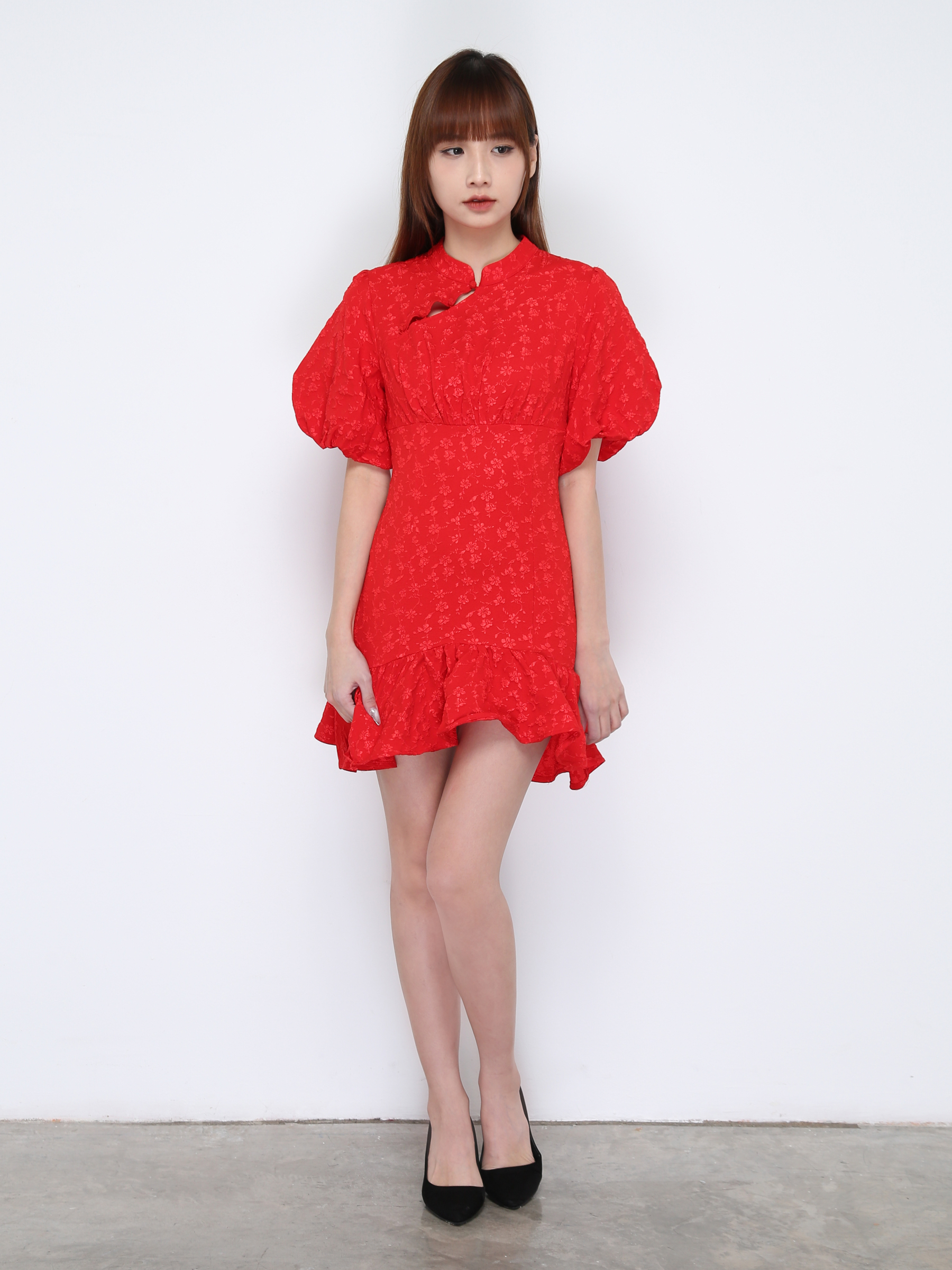Floral Puff Sleeve Chinese Button Dress 19494
