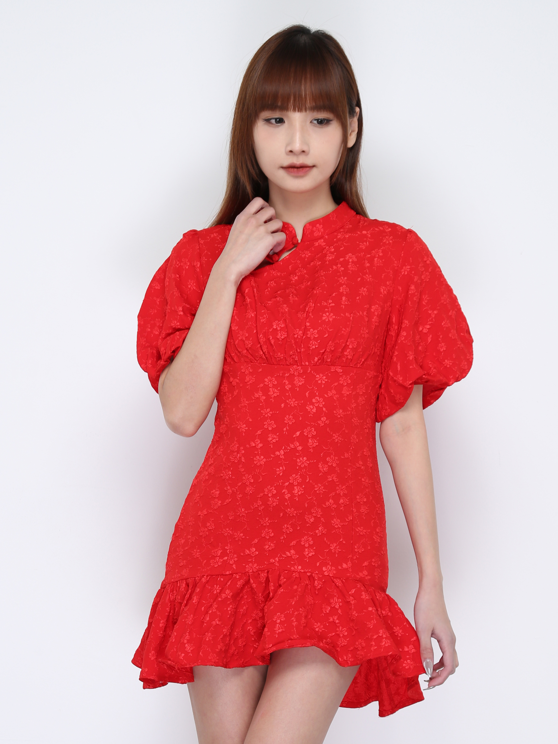 Floral Puff Sleeve Chinese Button Dress 19494