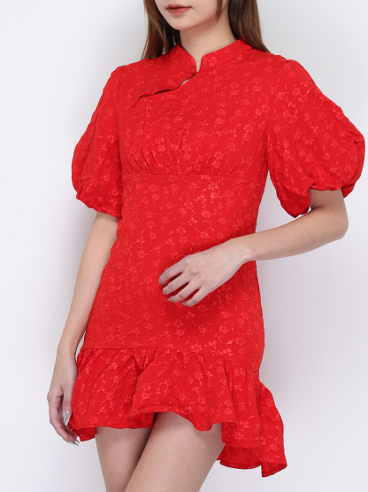 Floral Puff Sleeve Chinese Button Dress 19494