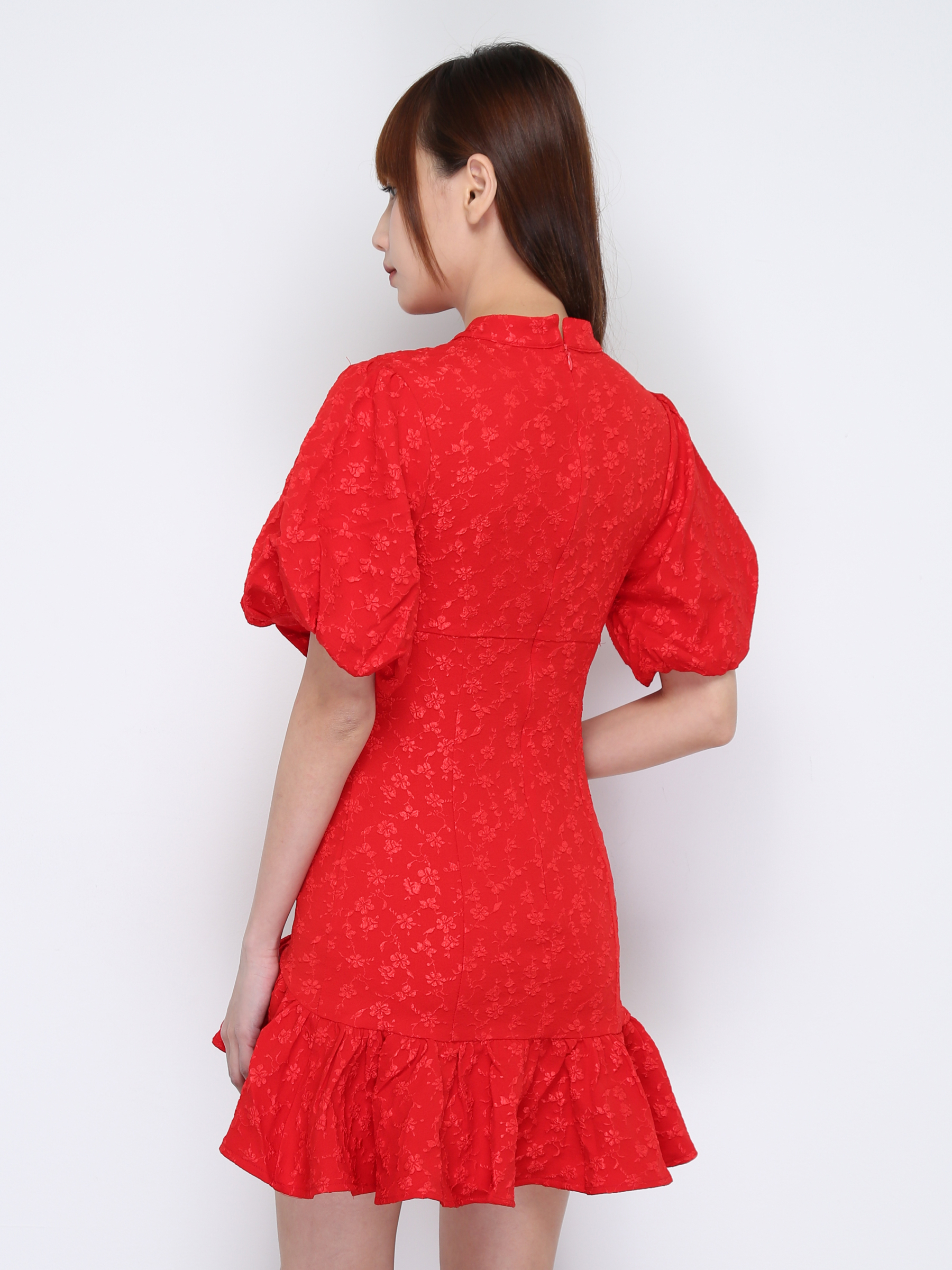 Floral Puff Sleeve Chinese Button Dress 19494