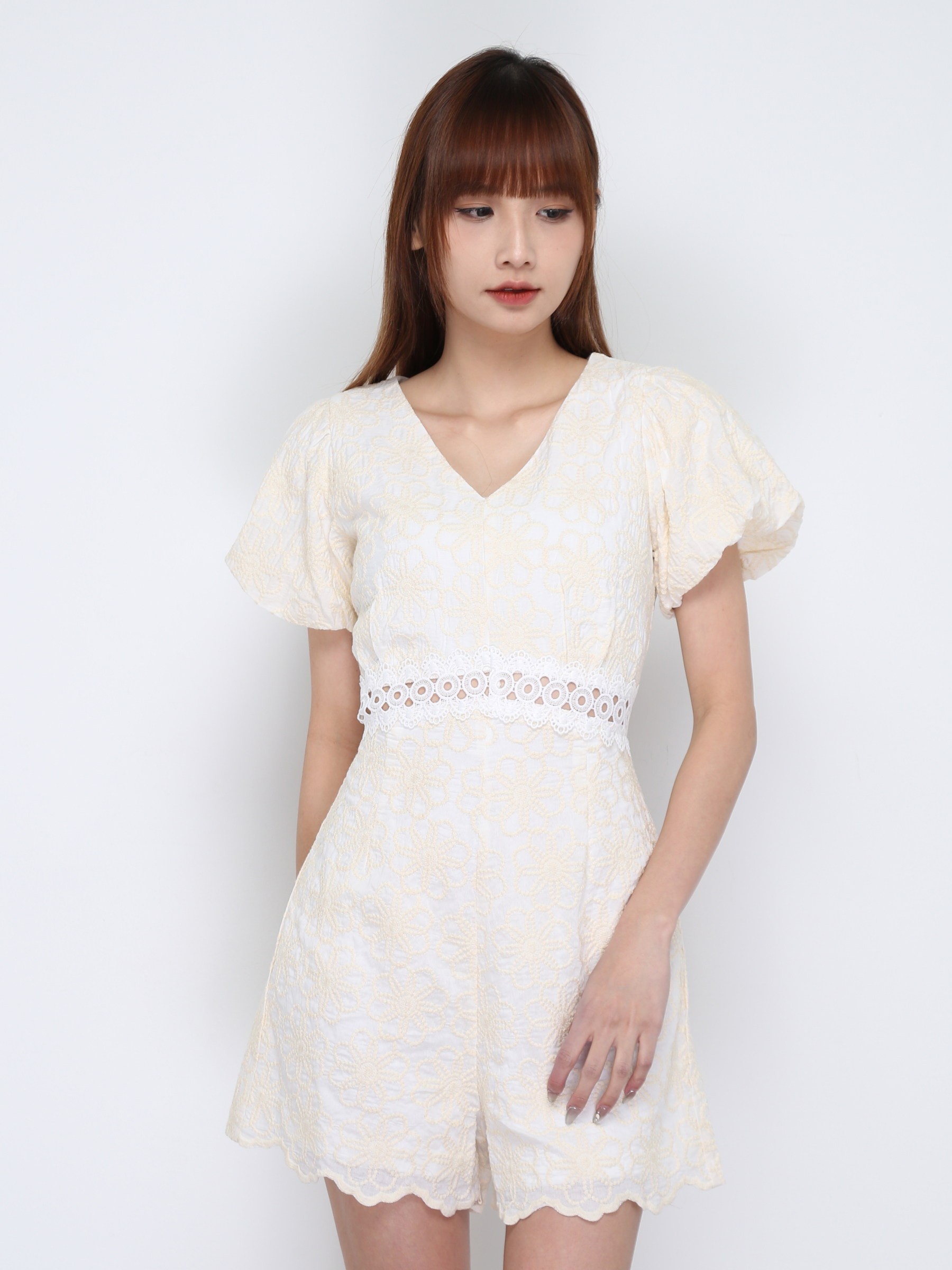 V Neck Floral Puff Sleeve Jumpsuit 17450