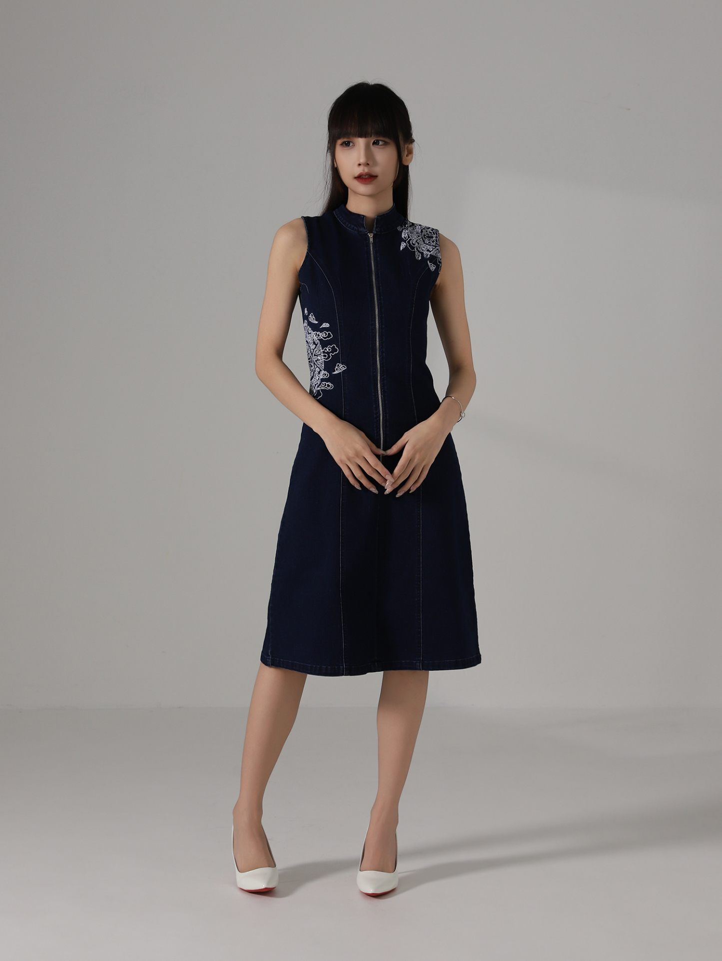 Denim Front Zip With Flower Dress AC853