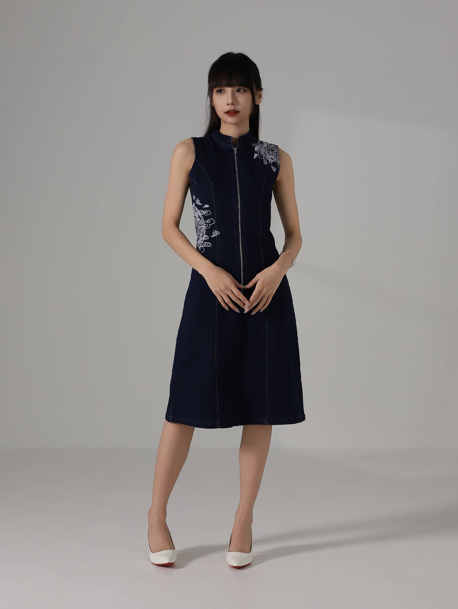 Denim Front Zip With Flower Dress AC853