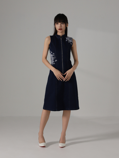 Denim Front Zip With Flower Dress AC853