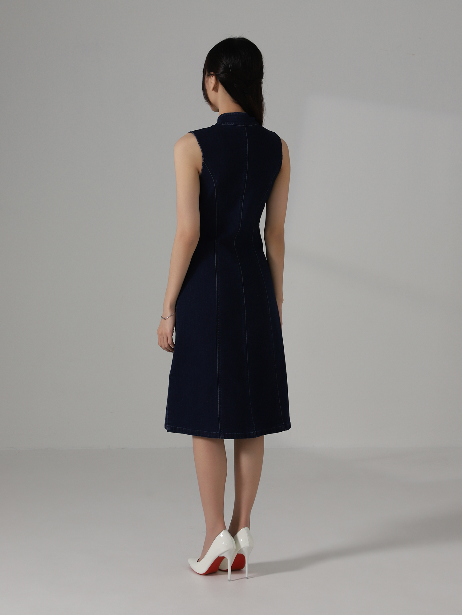 Denim Front Zip With Flower Dress AC853