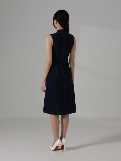 Denim Front Zip With Flower Dress AC853