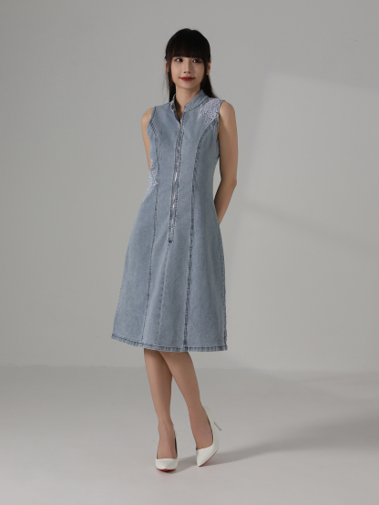 Denim Front Zip With Flower Dress AC853