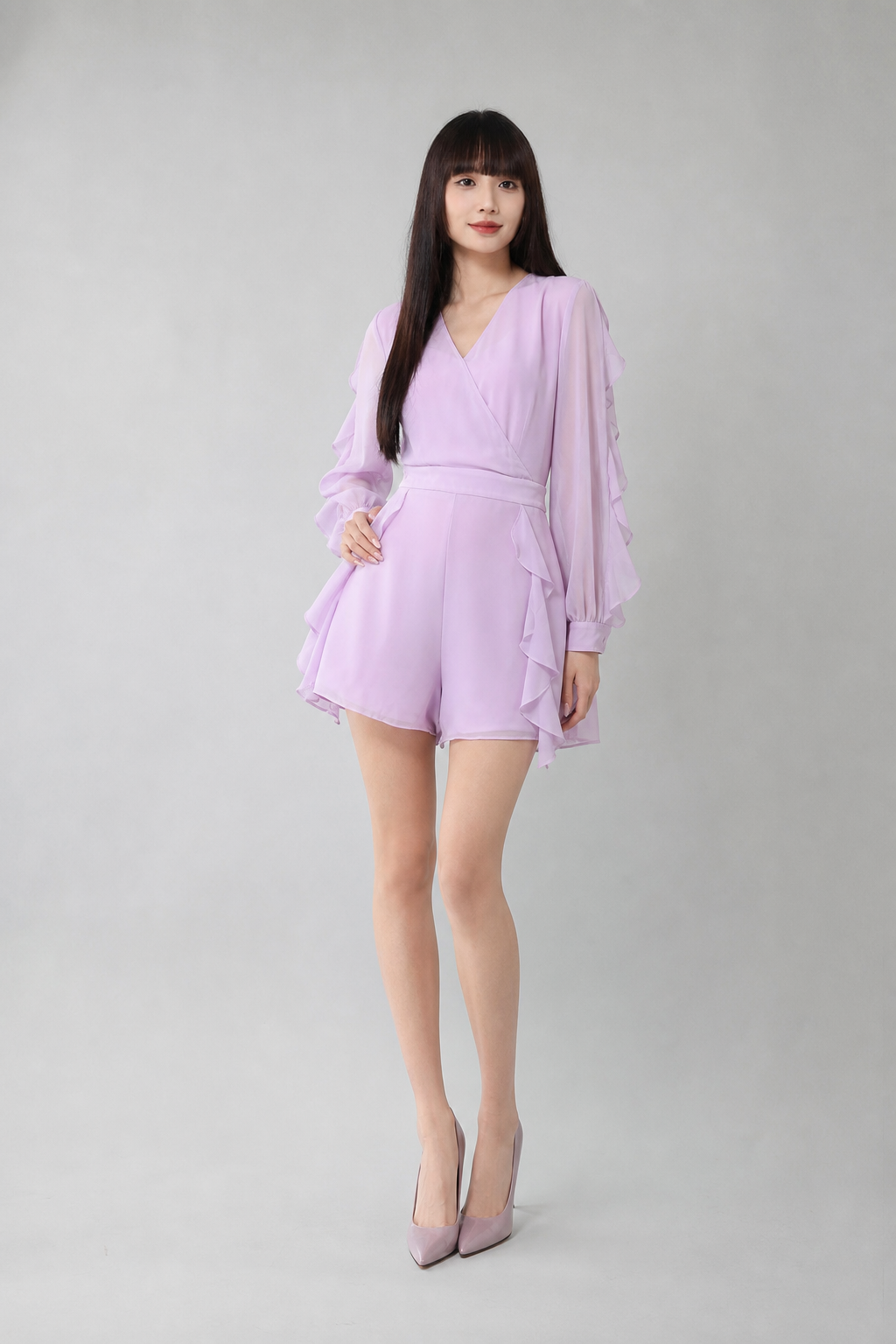 Chiffon Long Sleeve Cuff Flare Jumpsuit 18328
