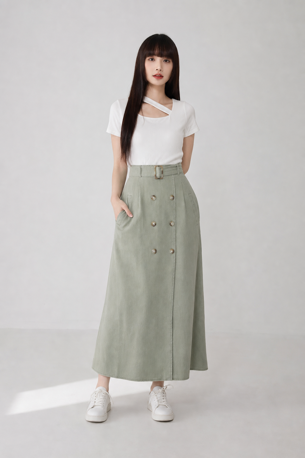 Dua Breasted Button With Belt Long Skirt 20027