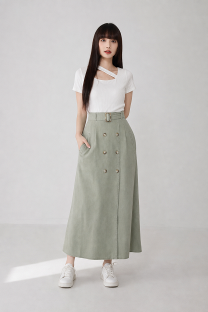 Dua Breasted Button With Belt Long Skirt 20027
