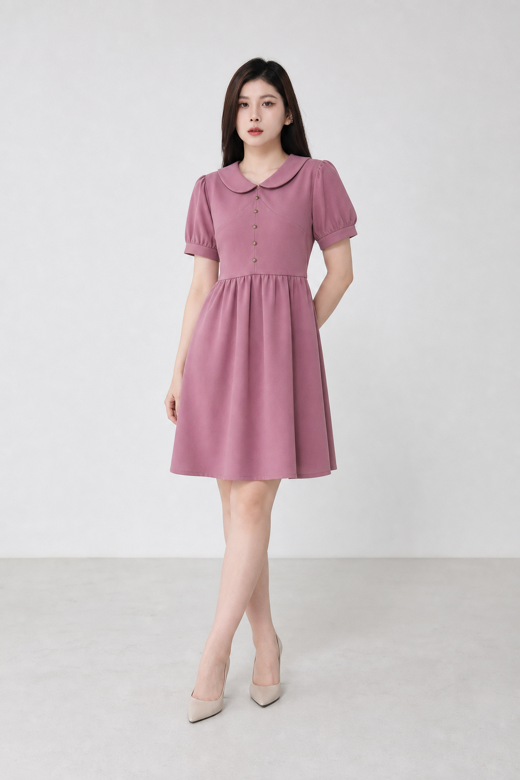 Peter Pan Collar With Front Decorative Button Dress 15664