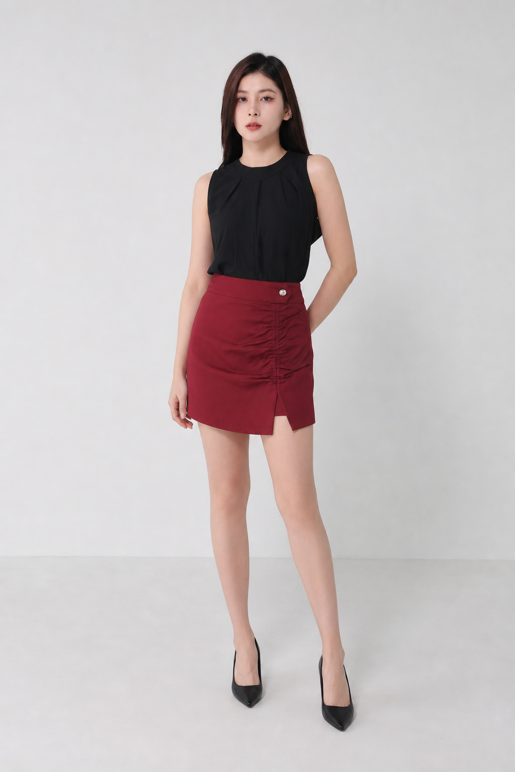 Back Zip Front Button Pleated Skirt Pant 34704
