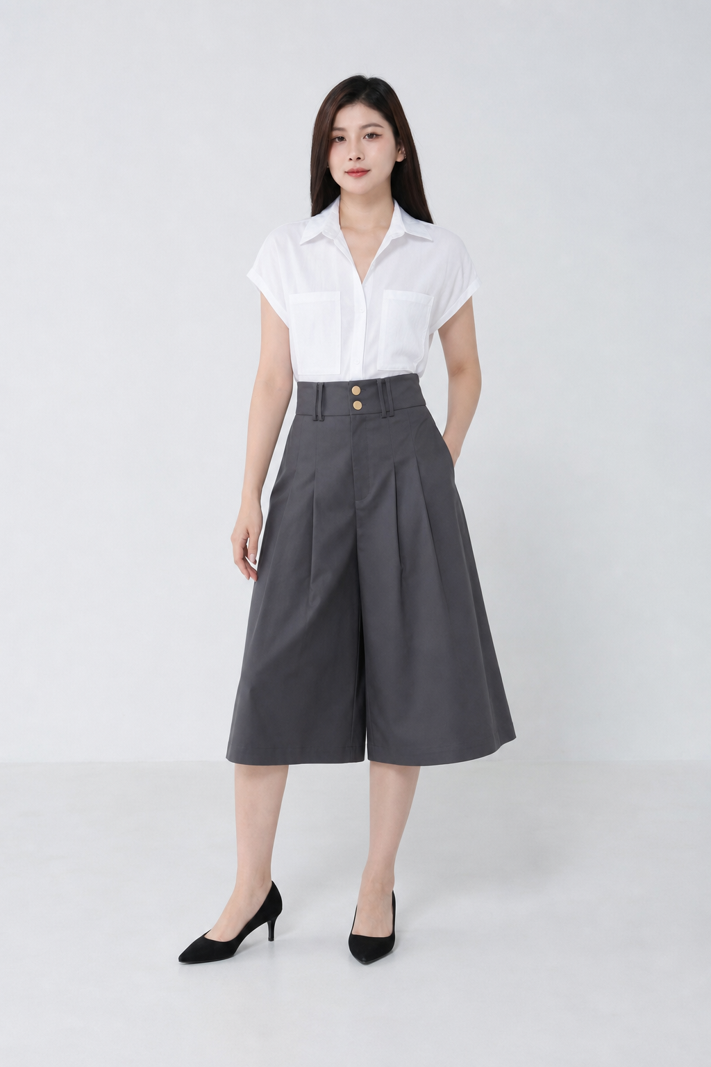 High Waist Front Button Pleated Midi Pant 34707
