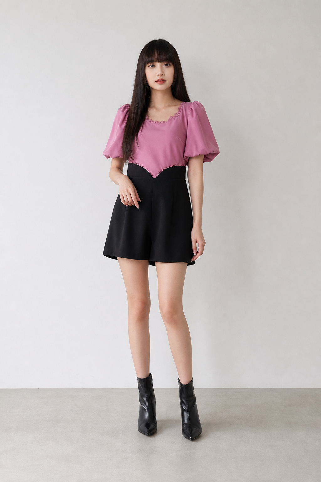 Two Tones Puff Short Sleeve Front Pocket Jumpsuit 17833