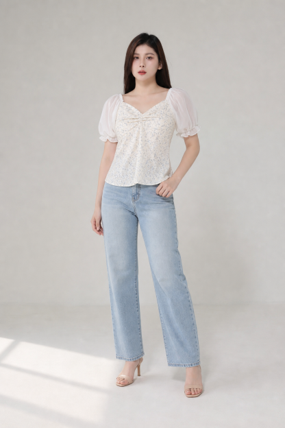 Polka Dot Puff Sleeve Printed Flower Top 15738