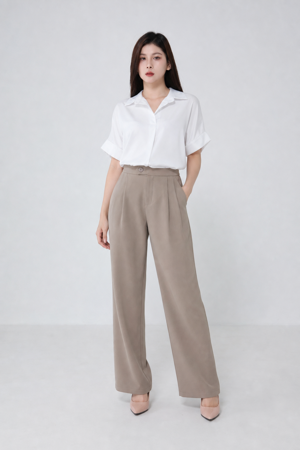 High Waist Front Button Pleated Long Pant 34731