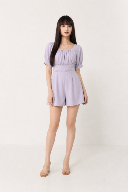 Square Neck Puff Short Sleeve Front Pocket Jumpsuit 17861
